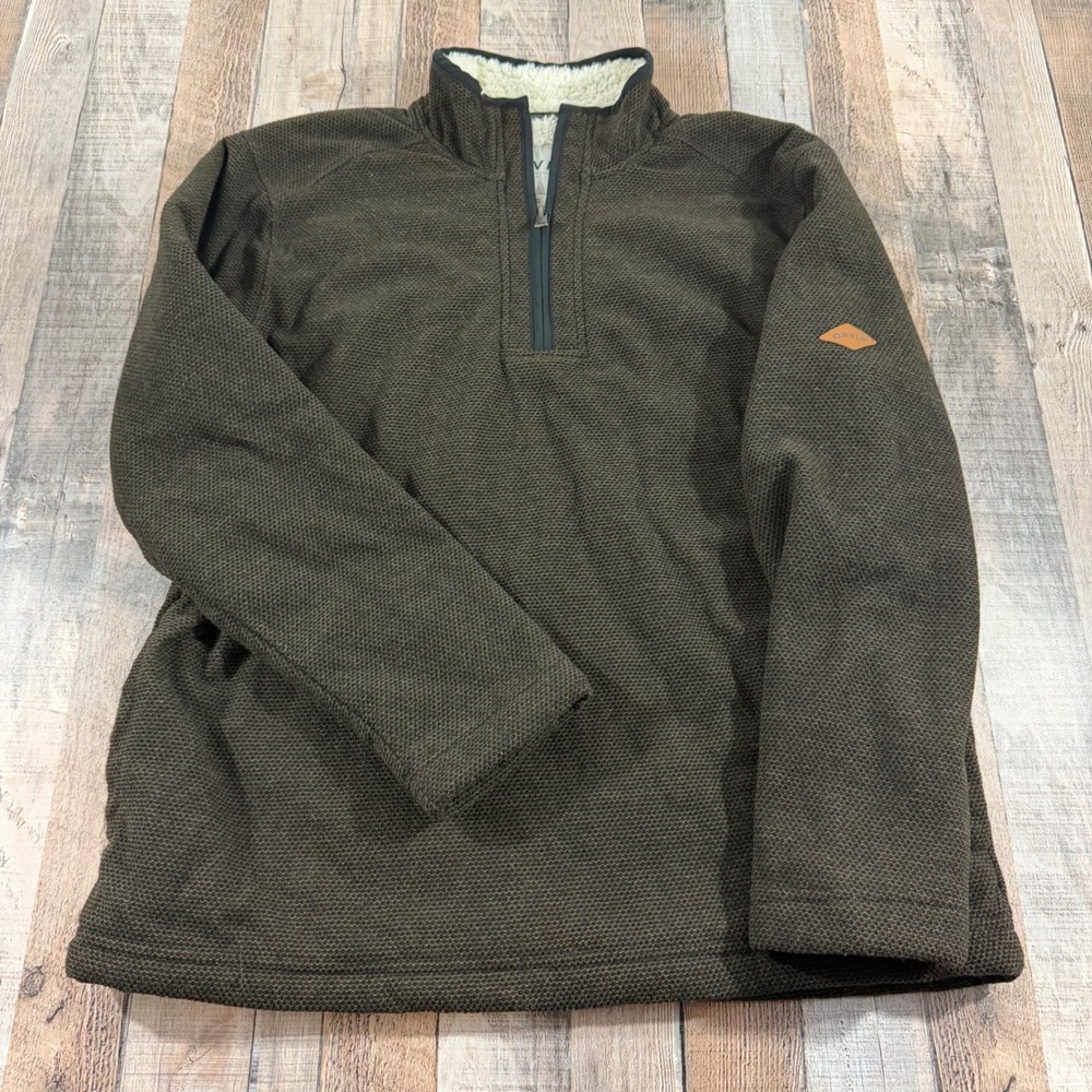 Orvis Pullover Men L Brown Sherpa Lined Waffle Knit Quarter Zip Gorpcore